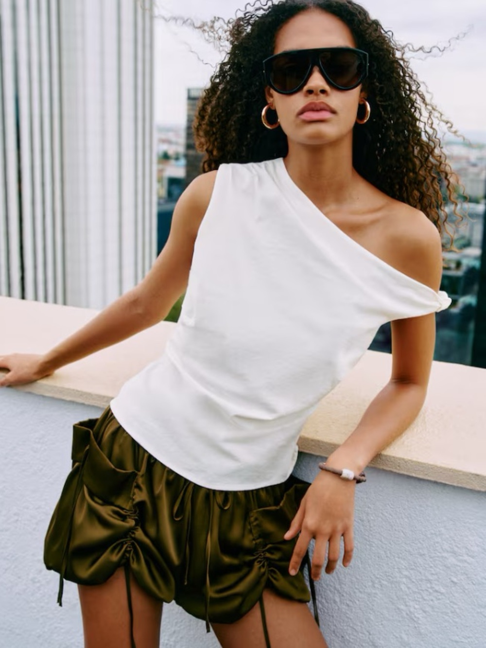 H&M Knot Detail One Shoulder Top - Linen / Cotton - size small